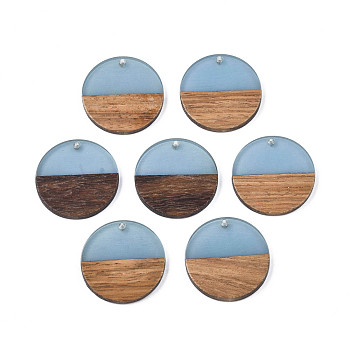 Resin & Walnut Wood Pendants, Flat Round, Cornflower Blue, 28.5x3.5~4mm, Hole: 1.5mm
