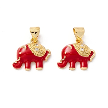 Rack Plating Brass Cubic Zirconia Charms, with Enamel, Cadmium Free & Lead Free, Real 18K Gold Plated, Elephant, Red, 13x15x4mm, Hole: 4x4mm