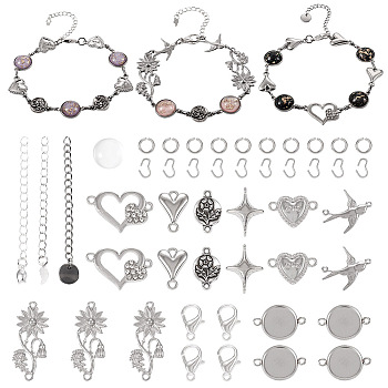 Pandahall DIY Bracelet Making Finding Kit, Including Glass Cabochons, Alloy Clasps, Brass Chains Extender, Star & Heart & Flower Stainless Steel Cabochon Settings & Alloy Connector Charms, Stainless Steel Color, 167Pcs/box