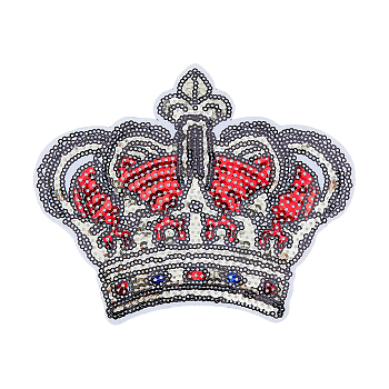 Computerized Embroidery Cloth Iron On Sequins Patches, Stick On Patch, Costume Accessories, Appliques, Crown, Red, 124x164x1mm