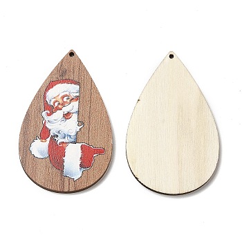 Single Face Christmas Printed Wood Big Pendants, Teardrop Charms with Santa Claus, Camel, 54.5x34x2.5mm, Hole: 1.6mm