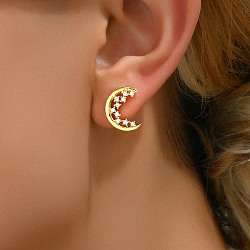 Fashionable Moon Brass Stud Earrings, with Clear Cubic Zirconia, Real 18K Gold Plated, 10x15mm