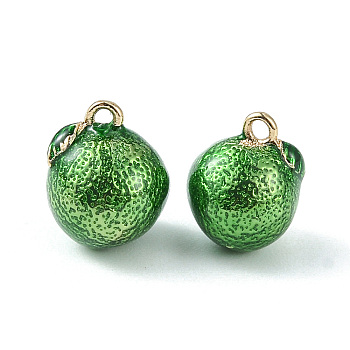 Brass Enamel Charms, Imitation Fruit, Light Gold, Green Tangerine Charm, Green, 12x9.5mm, Hole: 1.4mm