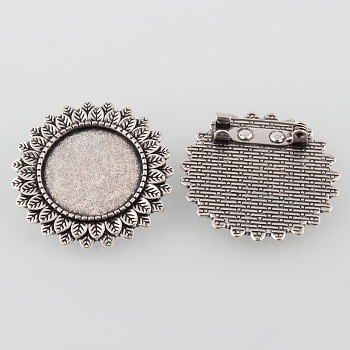 Vintage Alloy Flower Brooch Cabochon Bezel Settings, Cadmium Free & Lead Free, with Iron Pin Back Bar Findings, Antique Silver, Flat Round Tray: 20mm, 33x2mm, Pin: 0.8mm