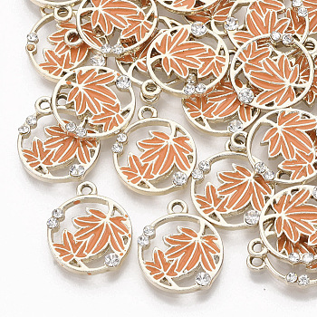 Autumn Theme Alloy Enamel Pendants, with Rhinestones, Light Gold, Flat Round with Maple Leaf, Coral, 18x15.5x2.5mm, Hole: 1.6mm
