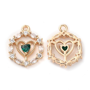 K9 Glass Pendants, with Golden Tone Brass Findings and Rhinestone, Flat Round with Heart Charms, Emerald, 20x15x3.3mm, Hole: 1.8mm