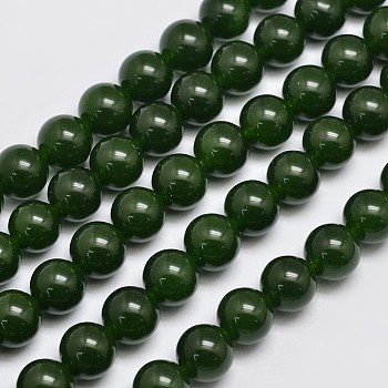 Natural & Dyed Malaysia Jade Bead Strands, Imitation Taiwan Jade, Round, Dark Olive Green, 10mm, Hole: 1.0mm, about 38pcs/strand, 15 inch