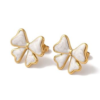 Bowknot Golden Ion Plating(IP) 304 Stainless Steel Stud Earrings for Women, with Enamel, White, 16x18mm