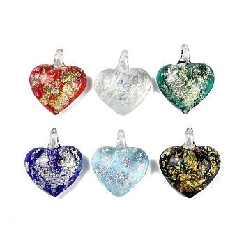 Lampwork Pendants, with Foil Glass, Heart, Mixed Color, 35x29.5x11.5mm, Hole: 5mm