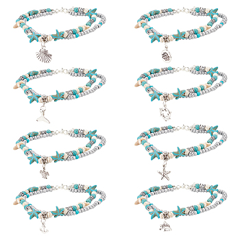 8Pcs 8 Style Synthetic Turquoise Starfish & Seed & Resin Beaded Double Layer Multi-strand Anklets Set, Tortoise & Shell & Whale Tail Shape Alloy Charms Ocean Anklets for Women, Turquoise, 9-5/8~10 inch(24.3~25.4cm), 1Pcs/style