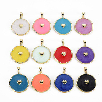 Brass Enamel Pendants, Cadmium Free & Nickel Free & Lead Free, Real 16K Gold Plated, Flat Round with Heart, Mixed Color, 20.5x15.5x4.5mm, Hole: 2.5x3.5mm