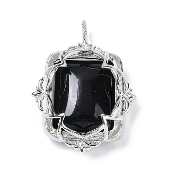 Natural Obsidian Pendants, Brass Flower Charms, Rack Plating, Long-Lasting Plated, Lead Free & Cadmium Free, Platinum, 36x26.5x11mm, Hole: 3x4.5mm