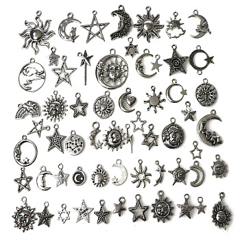 Tibetan Style Alloy Pendants, Star and Moon, Antique Silver, 10~30mm, 60pcs/bag