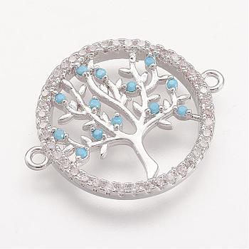 Brass Micro Pave Cubic Zirconia Links, Flat Round with Tree of Life, Platinum, 24x19x2mm, Hole: 1mm