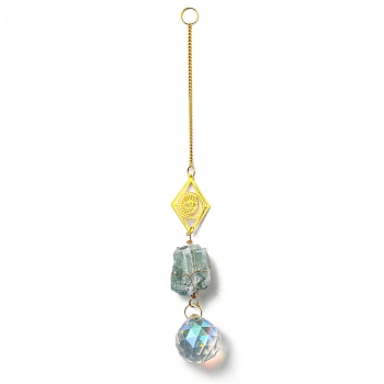 Wire Wrapped Nuggets Natural Fluorite Pendant Decorations, Brass Rhombus and Glass Round Tassels Hanging Ornaments, 245mm, Hole: 11mm