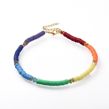 Handmade Polymer Clay Anklets, with Faceted Glass Beads, Tibetan Style Alloy Spacer Beads, 304 Stainless Steel Twisted Chains and Lobster Claw Clasps, Colorful, 9-5/8 inch(24.6cm), 4mm