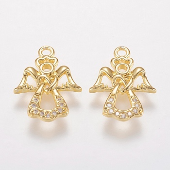 Brass Micro Pave Cubic Zirconia Charms, Angel Pendants, Golden, 17x12.5x1.5mm, Hole: 1.5mm