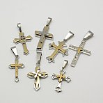 304 Stainless Steel Pendants, with Rhinestone, Random Style, Cross, Golden & Stainless Steel Color, 24.5~33.5x14.5~21.5x2.5~6mm, Hole: 7x4mm(STAS-I001-M4)