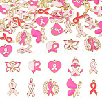 50Pcs 10 Styles Alloy Enamel Pendants, October Breast Cancer Pink Awareness Ribbon, Golden, Hot Pink, 14.5~27x9.5~20x1~2mm, Hole: 1.5~2mm, 5pcs/style (ENAM-TA0003-90)