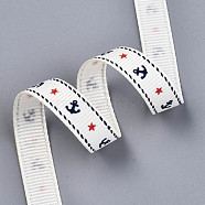 Single Face Anchor & Star Printed Polyester Grosgrain Ribbon, White, 3/8 inch(10mm), about 100yards/roll(91.44m/roll)(OCOR-S050-10mm-03-1)