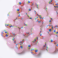 Printed & Spray Painted Imitation Jade Glass Beads, Round with Flower Pattern, Colorful, 8~8.5x7.5mm, Hole: 1.4mm(GLAA-S047-05A-01)