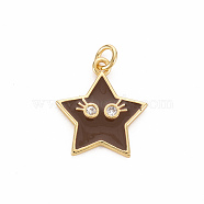 Brass Micro Pave Clear Cubic Zirconia Pendants, with Enamel & Jump Ring, Cadmium Free & Nickel Free & Lead Free, Star Smiling Face, Real 16K Gold Plated, Saddle Brown, 19x17x2mm, Jump Ring: 5x1mm, 3mm inner diameter(X-ZIRC-S067-065E-NR)