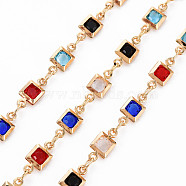 Handmade Brass Beaded Chains, with Cubic Zirconia, Soldered, Spool, Square, Real 18K Gold Plated, Colorful, 3.7x2.5x0.3mm and 10x4.5x2mm, about 16.4 Feet(5m)/roll(CHC-S012-057A)