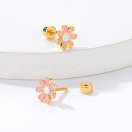 Real 18K Gold Plated Stainless Steel Stud Earrings for Women, Daisy Flower, Pink, No Size(TL9676-3)
