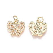 Brass Micro Pave Clear Cubic Zirconia Charms, with Jump Rings, Butterfly, Golden, 13x13x2mm, Jump Ring: 4.5x0.7mm, Inner Diameter: 3mm(ZIRC-I036-14G)