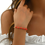 Vintage Ethnic Style Brass & Plastic Beaded Bracelets for Women's Daily Wear, Golden, Red, 7-1/8 inch(18cm)(CM6785-2)