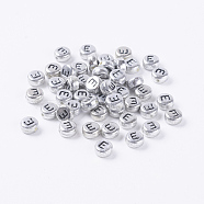 Silver Color Plated Acrylic Beads, Letter Style, Horizontal Hole, Flat Round with Word Letter.E, 7x3.5mm, Hole: 1mm(X-MACR-PB43C9070-E)