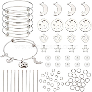 BENECREAT DIY Moon & Star Charm Bangle Making Kit, Include 304 Stainless Steel Pendants & Pins & Jump Rings, 201 Stainless Steel Charms & Expandable Bangle Making, Glass Pearl Beads, Stainless Steel Color, White, Bangle Making: 6pcs/set(DIY-BC0004-64)