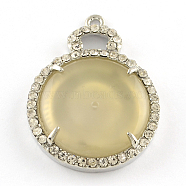 Flat Round Jade Pendant with Platinum Tone Alloy Rhinestone Findings, Dark Khaki, 41x30x6mm, Hole: 2mm(ALRI-R036-10)