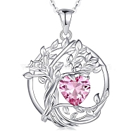 925 Sterling Silver Double-Layer Necklace, Twelve Birthstone Pendants, Tree of Life, Platinum, Pearl Pink, 16.14~19.69 inch(41~50cm)(PW-WGB13A5-10)