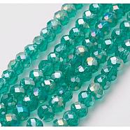 Electroplate Glass Beads Strands, Full Rainbow Plated, Faceted, Rondelle, Light Sea Green, 4~4.5x3mm, Hole: 0.5mm, about 130~135pcs/strand, 15.5~16 inch(39~40cm)(EGLA-F124-FR-B09)