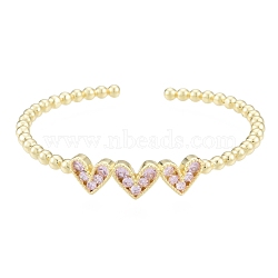 Cubic Zirconia Triple Heart Open Cuff Bangle, Real 18K Gold Plated Brass Jewelry for Women, Pearl Pink, Inner Diameter: 1-7/8x2-1/8 inch(4.9x5.5cm)(BJEW-G651-09G-03)