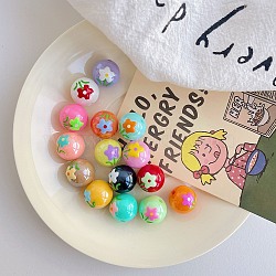 Opaque Acrylic Beads with Enamel, Hand Drawn Beads, Round with Flower, Mixed Color, 16mm(X-OACR-H028-A01)