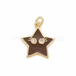Brass Micro Pave Clear Cubic Zirconia Pendants, with Enamel & Jump Ring, Cadmium Free & Nickel Free & Lead Free, Star Smiling Face, Real 16K Gold Plated, Saddle Brown, 19x17x2mm, Jump Ring: 5x1mm, 3mm inner diameter(X-ZIRC-S067-065E-NR)