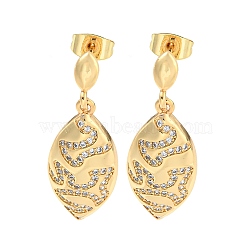 Leaf Brass Pave Clear Cubic Zirconia Dangle Stud Earrings, Real 16K Gold Plated, 31x11.5mm(EJEW-M258-37G)