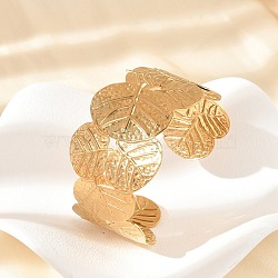 304 Stainless Steel Cuff Bangles for Women, Real 18K Gold Plated, Leaf, Inner Diameter: 2-1/4 inch(5.55cm)(BJEW-B120-02G-01)