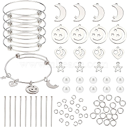 BENECREAT DIY Moon & Star Charm Bangle Making Kit, Include 304 Stainless Steel Pendants & Pins & Jump Rings, 201 Stainless Steel Charms & Expandable Bangle Making, Glass Pearl Beads, Stainless Steel Color, White, Bangle Making: 6pcs/set(DIY-BC0004-64)