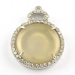 Flat Round Jade Pendant with Platinum Tone Alloy Rhinestone Findings, Dark Khaki, 41x30x6mm, Hole: 2mm(ALRI-R036-10)