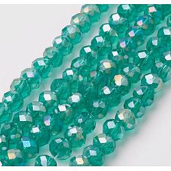 Electroplate Glass Beads Strands, Full Rainbow Plated, Faceted, Rondelle, Light Sea Green, 4~4.5x3mm, Hole: 0.5mm, about 130~135pcs/strand, 15.5~16 inch(39~40cm)(EGLA-F124-FR-B09)