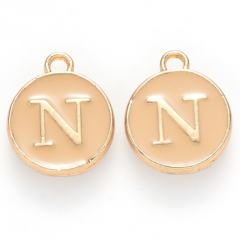 Golden Plated Alloy Enamel Charms, Cadmium Free & Lead Free, Enamelled Sequins, Flat Round with Letter, Wheat, Letter.N, 14x12x2mm, Hole: 1.5mm