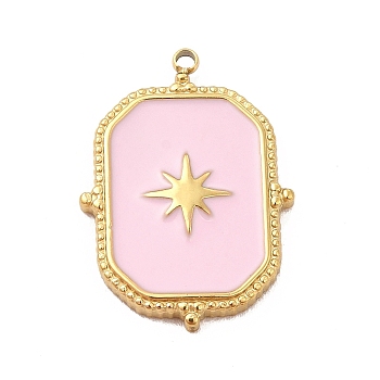 304 Stainless Steel Pendants, with Enamel, Octagon Rectangle with Star Charm, Golden, Pink, 21x15x2mm, Hole: 1.4mm
