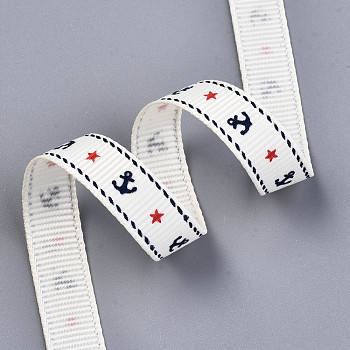 Single Face Anchor & Star Printed Polyester Grosgrain Ribbon, White, 3/8 inch(10mm), about 100yards/roll(91.44m/roll)