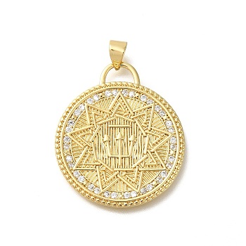 Rack Plating Brass with Cubic Zirconia Pendants, Long-Lasting Plated, Lead Free & Cadmium Free, Flat Round with Star Charms, Real 18K Gold Plated, 30x26x1.5mm, Hole: 3.5x4mm