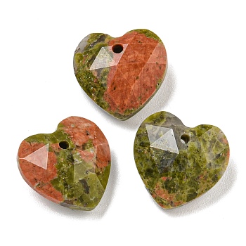 Natural Unakite Faceted Heart Charms, 13x13x6mm, Hole: 1mm