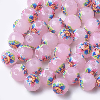 Printed & Spray Painted Imitation Jade Glass Beads, Round with Flower Pattern, Colorful, 8~8.5x7.5mm, Hole: 1.4mm