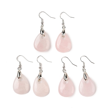 Natutal Rose Quartz Dangle Earrings, with Rack Plating Brass Earring Hooks, Lead Free & Cadmium Free, Teardrop, 46x18mm